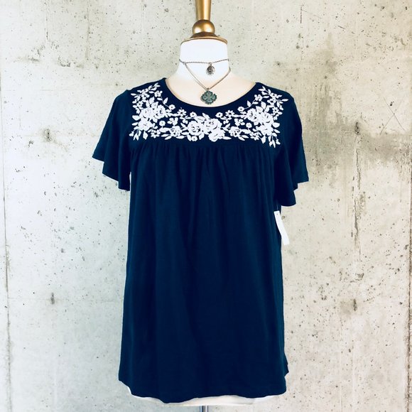 Embroidered Blue/White Floral Blouse Top - Picture 1 of 13